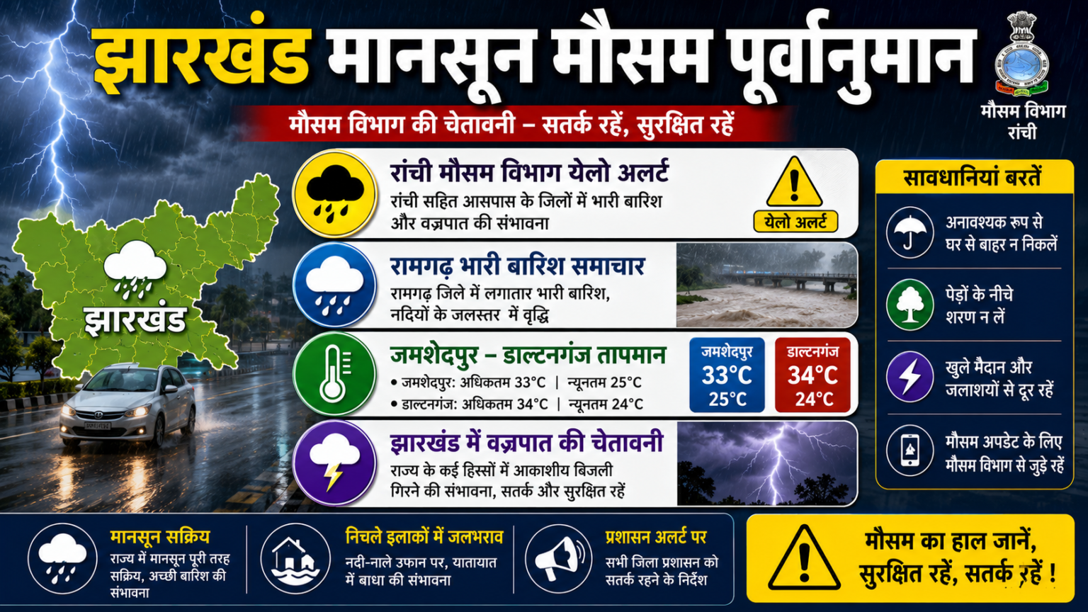 झारखंड में फिर एक्टिव हुआ मानसून: 18 जुलाई तक येलो अलर्ट, 50 किमी की रफ्तार से चलेंगी हवाएं