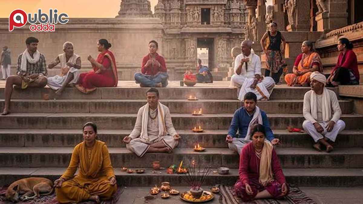 मंदिर की सीढ़ी पर बैठकर ध्यान लगाते श्रद्धालु