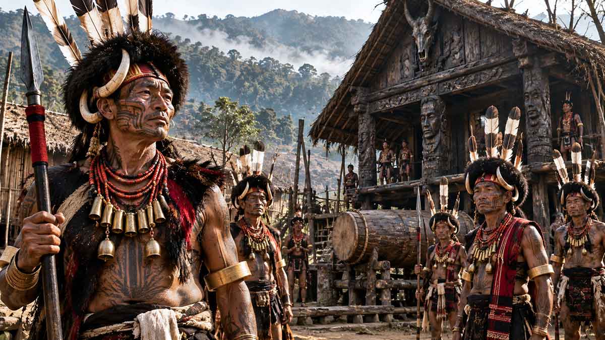 नागालैंड के कोन्याक हेड हंटर्स चेहरे पर टैटू और पारंपरिक वेशभूषा